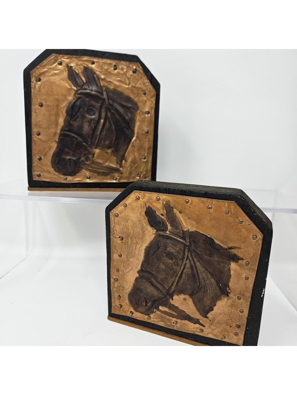 Pair Of Vintage Wood And Copper Tooled Horse Head Image Book Ends